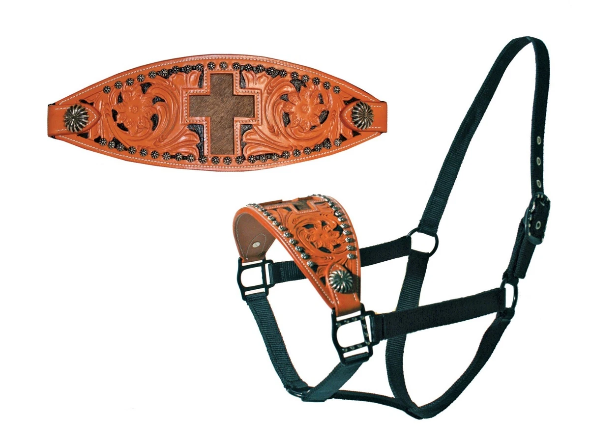 Western Black Nylon Leather Bronc Halter with Plated Hardware Cross Inlay