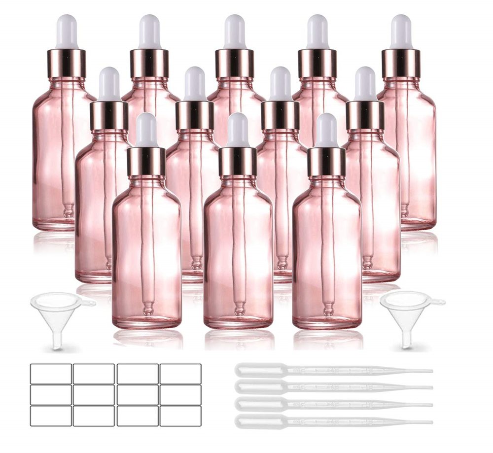 12 Pack,1.7 Oz Pink Glass Dropper Bottle for Essential Oils,Empty Glass Eye Drop