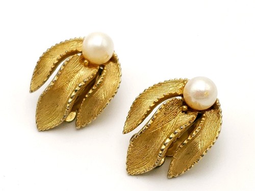 Pendientes de lino de hojas de oro y perlas vintage con clip - Imagen 2 de 16