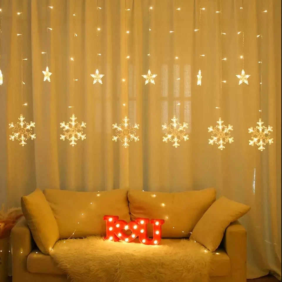 TENDA CATENA LUMINOSA LUCI NATALE FESTE 5 MT 135LED NATALIZIE STELLE LUCE CALDA