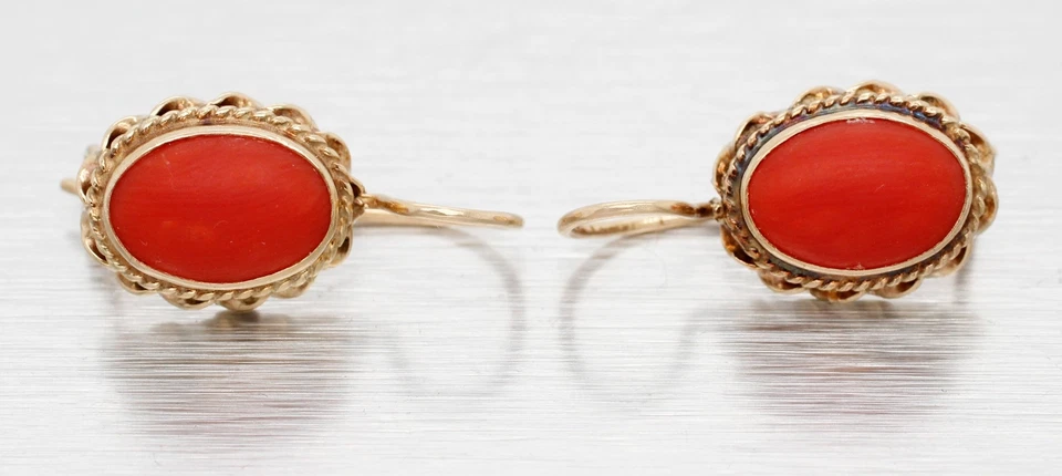 Vintage Red Coral Cabochon Dangle Earrings - 14k Yellow Gold Wireback - Image 2 of 4