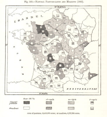 Natürliche Weidelandschaften und Wiesen (1862). Frankreich. Skizzenkarte 1885 alt