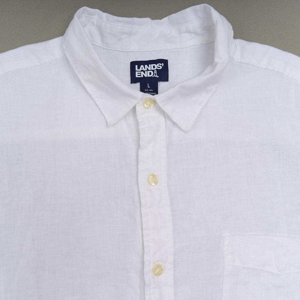 Lands End White Linen Shirt Mens L Traditional Fit Short Sleeve Button Front - Image 3 of 4