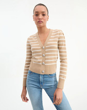 NEW AUTH VERONICA BEARD Solene Striped Cashmere Cardigan Sand/Ivory MLXL