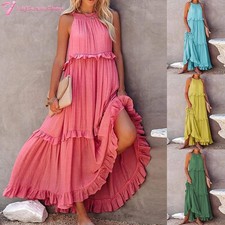 Womens Ruffle Loose Dress Summer Beach Holiday Casual Camisole Maxi Long Dress+.