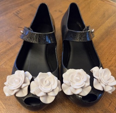 Mini Melissa Black Glitter Floral Rose Mary Jane Jelly Shoes Girls Size 13