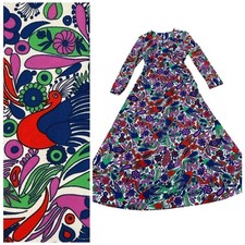 Vintage 1970s Psychedelic Bird Print Maxi Dress Mod Boho Poly Knit Small
