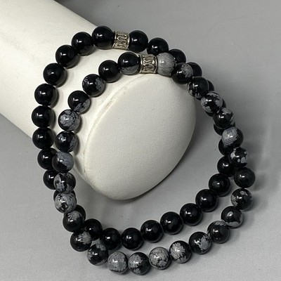 Snowflake Obsidian Beaded Bracelet Set of 2 Black Gray Stones Stretch 6.25''