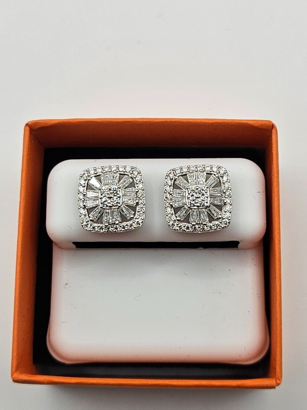 925 Sterling Silver Moissanite 1.0ctw Baguette Halo Stud Earrings VVS