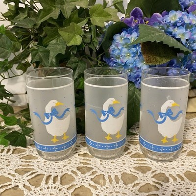 3 Libby Fristed Drinking Glass Goose Duck Blue Ribbons Cottagecore Whimsy 