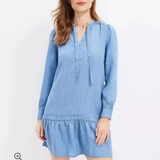 Loft Chambray Tie-Neck Mini Flounce Dress Women’s S Blue Chic Boho Linen Blend