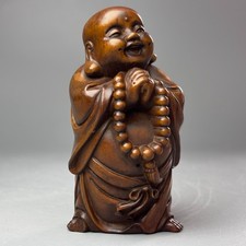 3.1" China Exquisite Boxwood Handmade Carved Happy Maitreya Buddha Statue B292