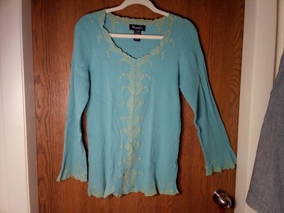 NWOT Denim & Co Wm's Teal Guaze w/Lime Embroidered Long Flared Sleeved Top Sz M