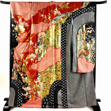 Japanese kimono SILK"FURISODE" long sleeves,Shibori dye, Gold leaf, L5'7"..3861