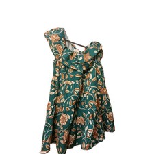 Sezane Leanore Dress Size UK 10 Green Cotton Linen Ruffle One Shoulder Summer