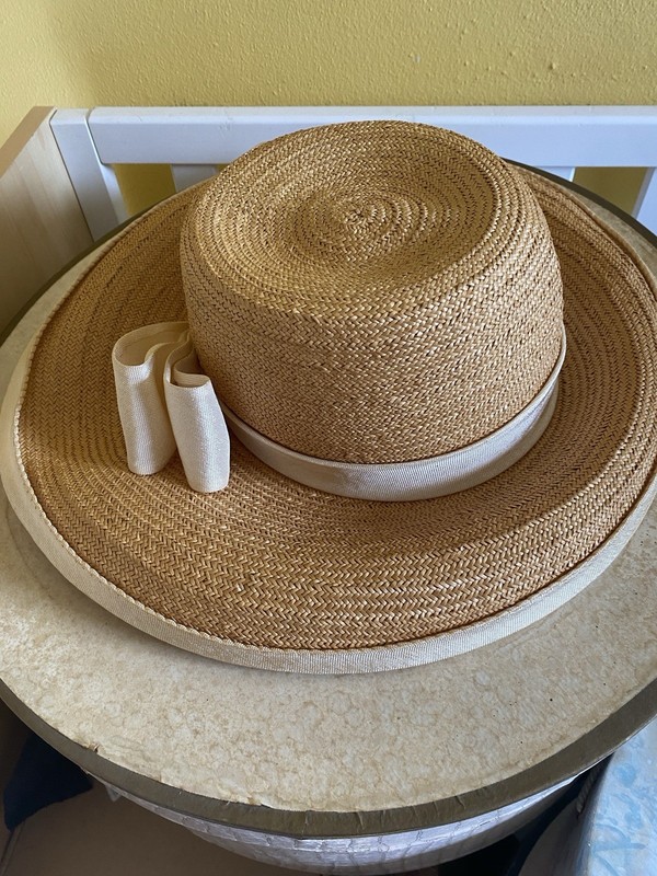 Christian Dior Women’s Beige Straw Wide Brim Sun Hat Ivory Bow One Size