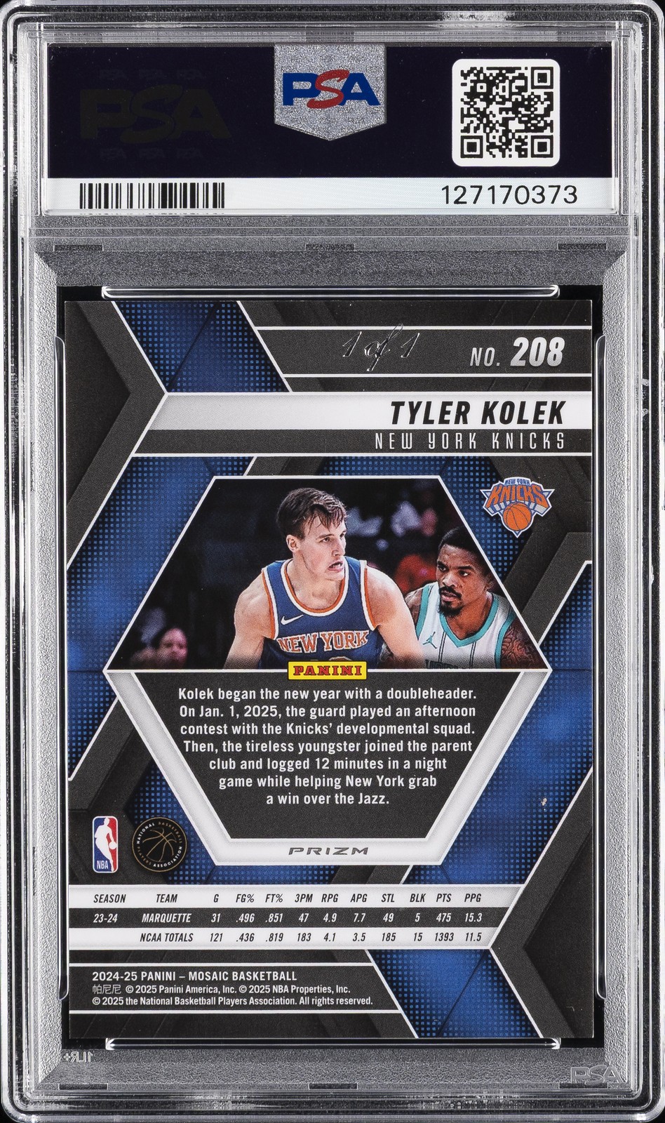 2024 PANINI MOSAIC BLACK 1/1 #208 TYLER KOLEK ROOKIE RC 1/1 PSA 10 view 2