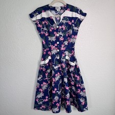 Unique Vintage Dress Women XS Dinosaur Floral Fit Flare Pockets Retro Rockabilly