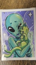Aceo Original Acrylic Painting Of Alien Cuddling His Cat