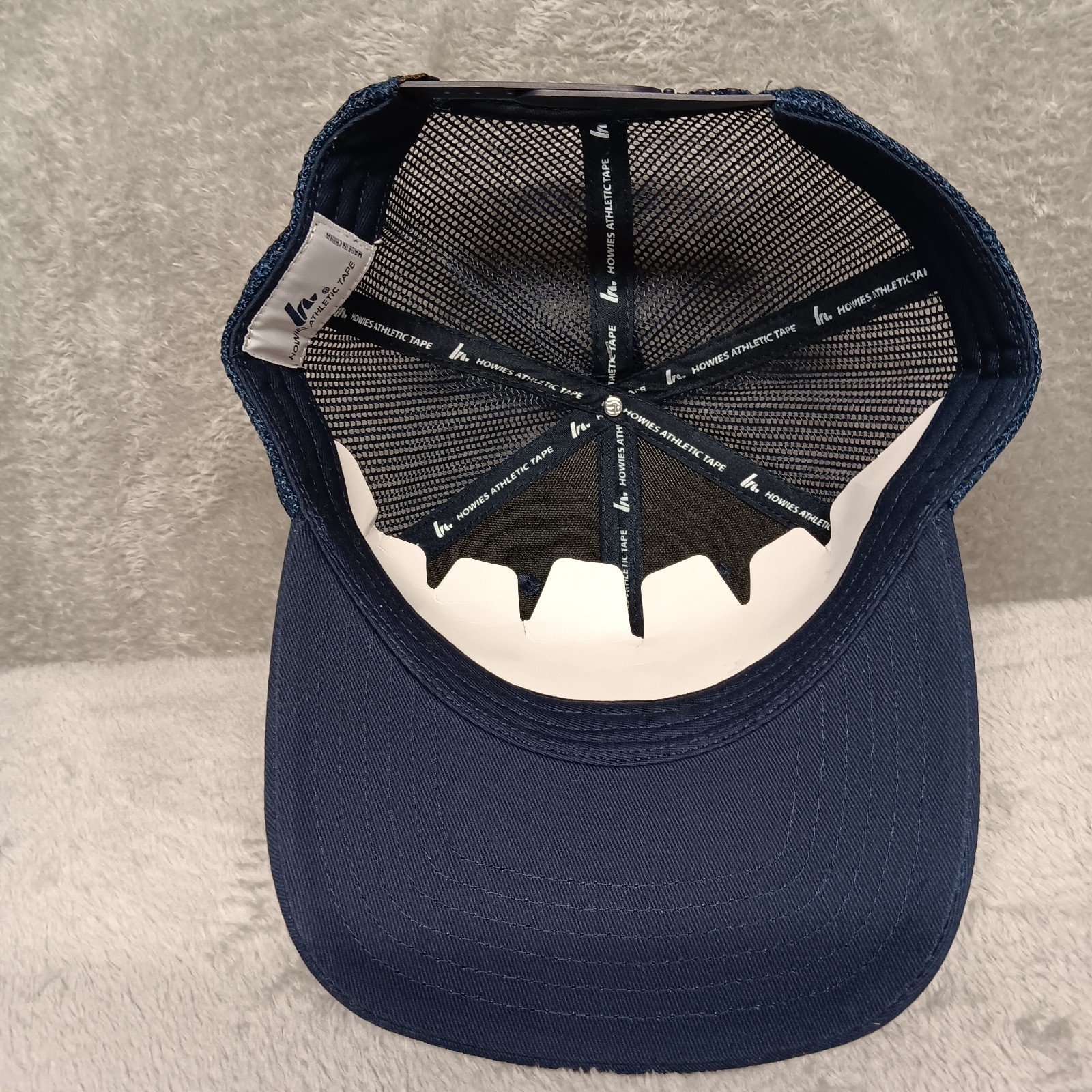 Howies Athletic Tape Hat Cap Crosscheck Logo Patch Navy Blue Snapback Mesh Back