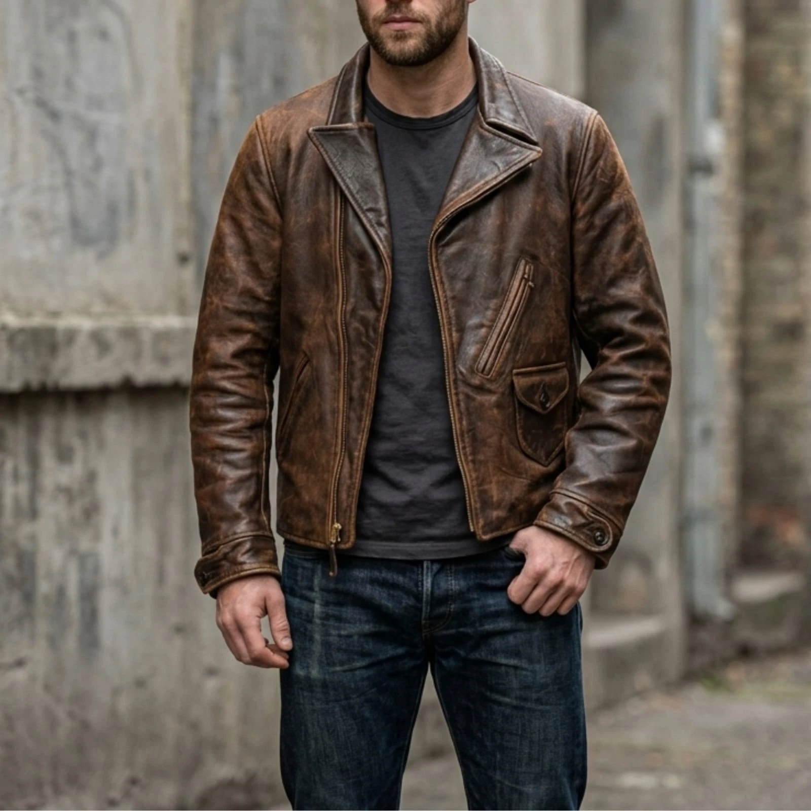 1930s Style Distressed Cowhide Leather Jacket Asymmetrical Vintage Rider Coat - product detail image 7