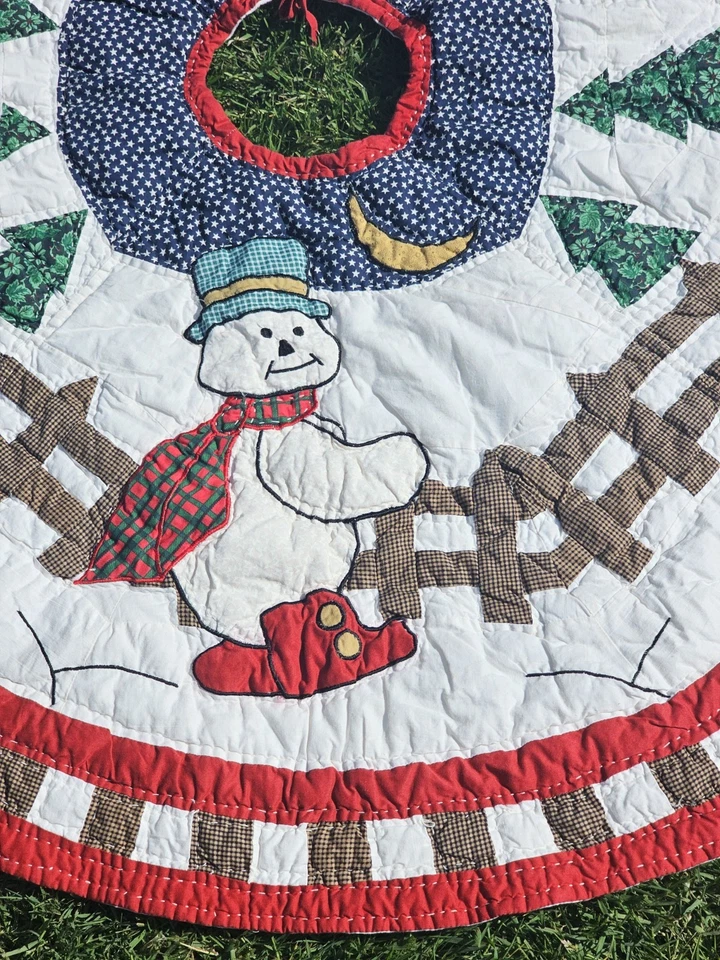 Quilted Patchwork Tree Skirt Frosty Snowman Christmas 46in Diameter Folk Country - Image 3 of 4