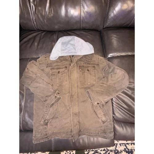 Levi Strauss Mens Brown Cotton Field Jacket Hooded Quilted Lined Utility Coat L video thumbnail