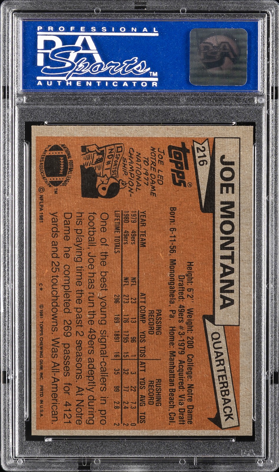 1981 TOPPS #216 JOE MONTANA PSA 8 view 2