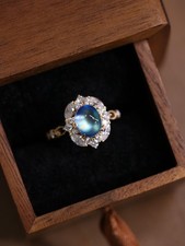 Natural Oval Moonstone Yellow Gold Plated 925 Silver Engagement Ring For Women