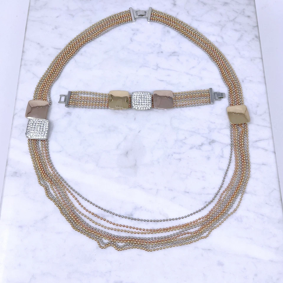 Collana Bracciale Multifilo Strass Set Donna Brillante Elegante Oro Argento - Immagine 2 di 2