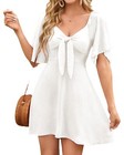 Womens Mini Dress Swing Summer Deep V-Neck Elegant Bow Tie Short Sleeves Dresses