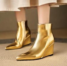 Women's Ankle Boots Pointy Toe Wede Heel Side Zipper Fashion Shoes Party Shiny
