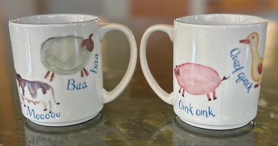 Set (2) Mugs Rosanna Animal Farm Collection Italian Porcelain Pig Duck Cow Sheep