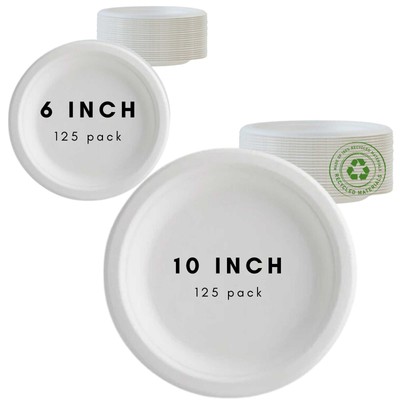 250 PCS 10-6 INCH 100% Compostable Heavy-Duty Plates Eco-Friendly Disposable