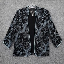 Alex Evenings Jacket Womens M Medium Black Embellished 3/4 Sleeve Paisley Open