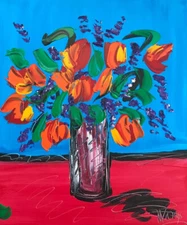 ORANGE TULIPS   ART Impasto  Abstract  HEARTS CANVAS ORIGINAL DG7B8G0T