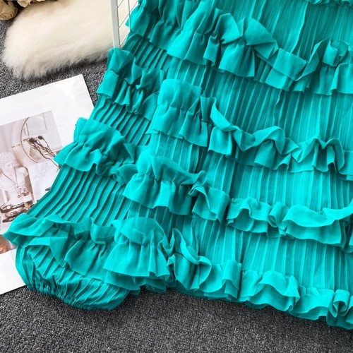 Women Chiffon Ruffle Off-shoulder Blouse Top Pleated Long Puff Sleeve Tiered Top - Picture 10 of 17