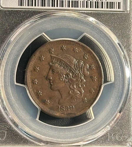1839 1C Silly Head Coronet Head Cent PCGS AU53 Rare Variety N-9 POP 6/83 - Picture 3 of 4