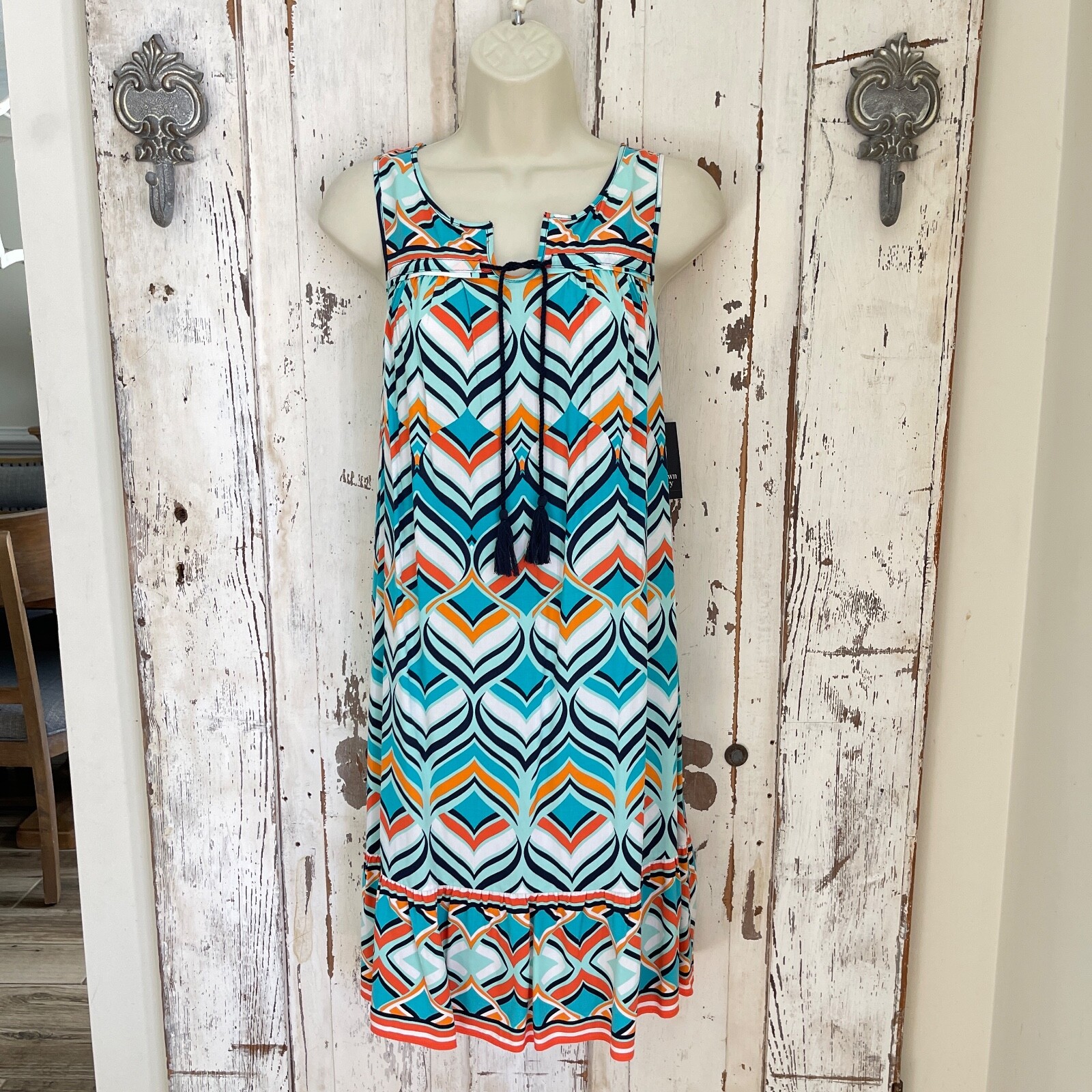 Crown & Ivy Medium Woman's Paradise Blue Orange White Shift Sundress Dress