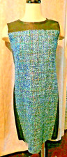 Elie Tahari Kellan in Blue Tweed Leather Neck Mixed Media Shift Dress SZ 4