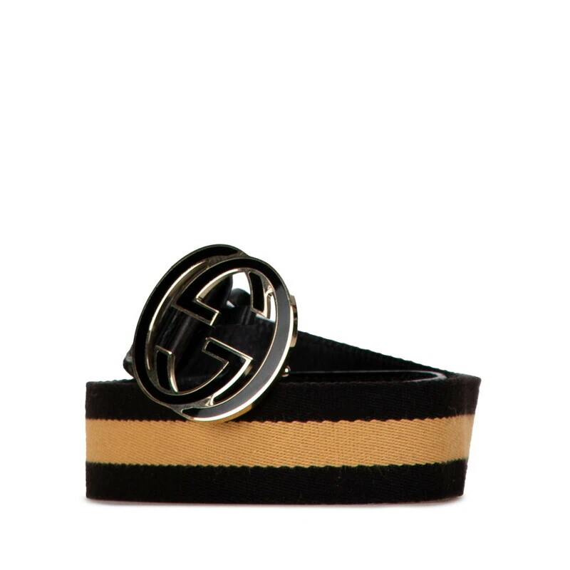 Gucci Ceinture G Entrelacée 114876 Cuir Noir Marron Toile Femme Longucm