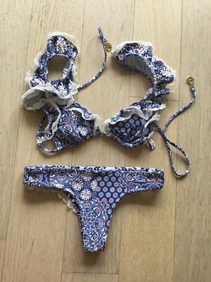 Luli Fama Naughty Girl Wavey Ruched Ruffle Brazilian Paisley Blue Bikini Set XS