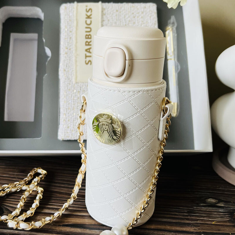 New Starbucks China Winter Pure White Thermos Cup Pearl Chain