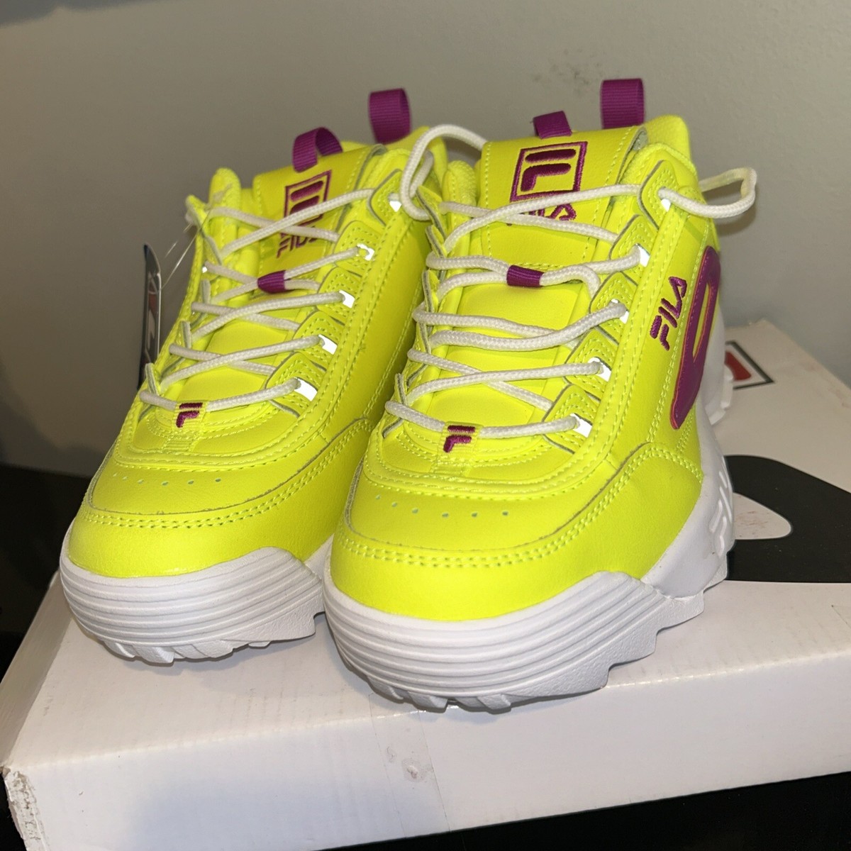 FILA Disruptor II Yellow Neon Purple A Cents Women's Size US NEW