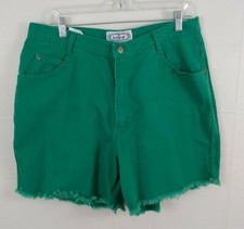 Vtg Bonjour HIgh Waist Mom Shorts 16W Green Denim Fringe Raw Hem Tag 20W XL 1X
