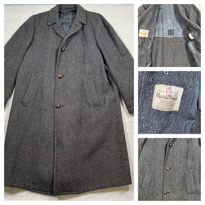 Vintage Harris Tweed Overcoat Men's 40 Gray Herringbone Wool 1980s 90s ACTWU