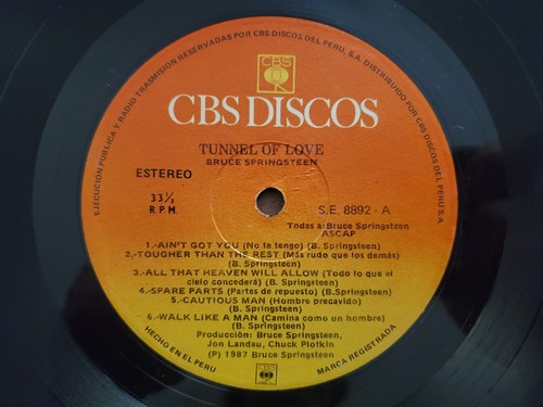 BRUCE SPRINGSTEEN "TUNNEL OF LOVE" VERY RARE LP FROM PERU - Picture 3 of 4