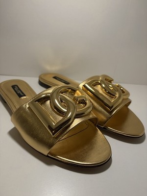 Dolce&Gabbana Gold DG Logo Leather Slide Sandals Women s US 6.5 EU 36.5