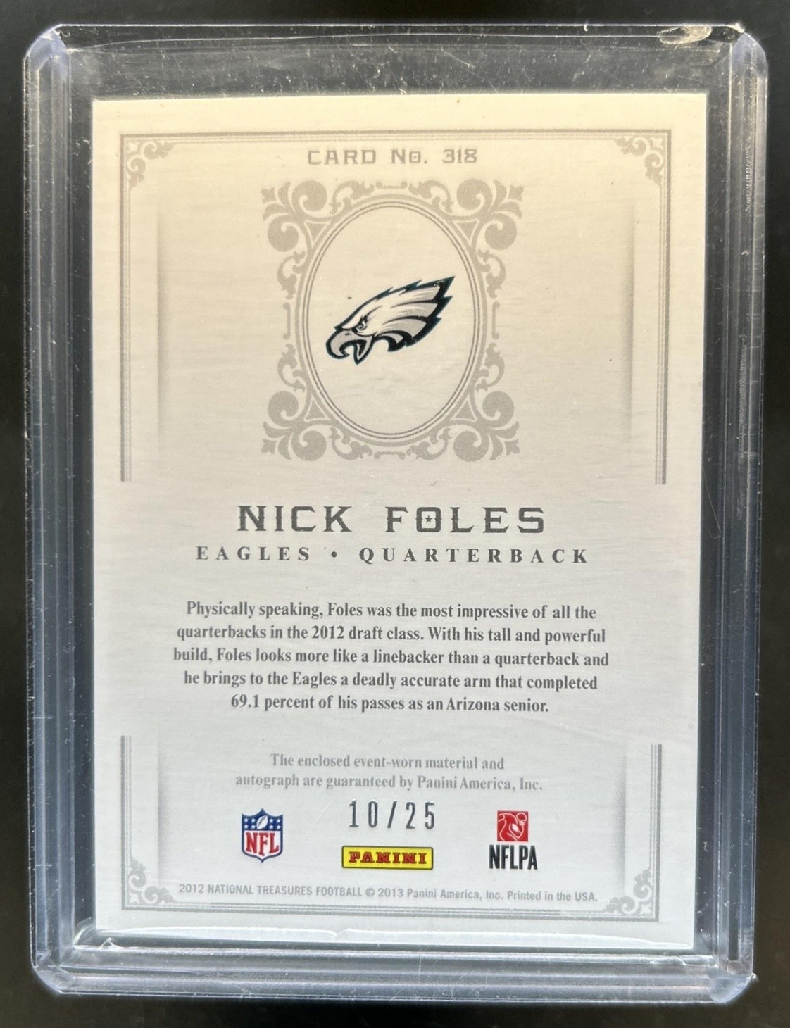 2012 National Treasures Nick Foles Rookie Material Black Patch RC Auto #/25 view 2
