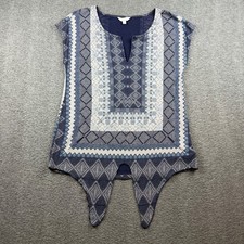 Top para mujer Lucky Brand S azul blanco estampado geométrico corbata frontal cuello en V sin mangas